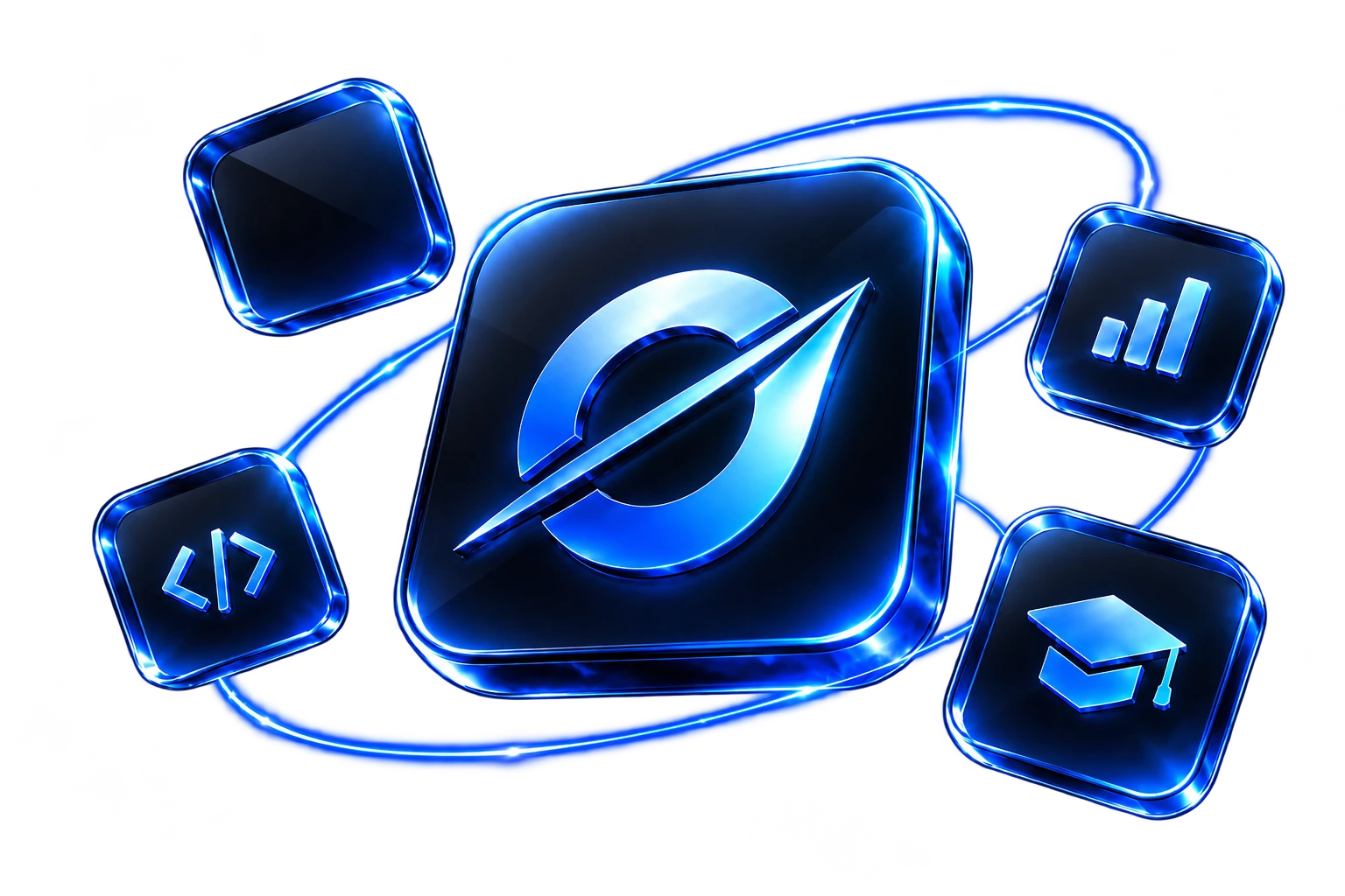 OutClass’s orbital emblem surrounded by floating glass tiles for code, learning, progress and GitHub.